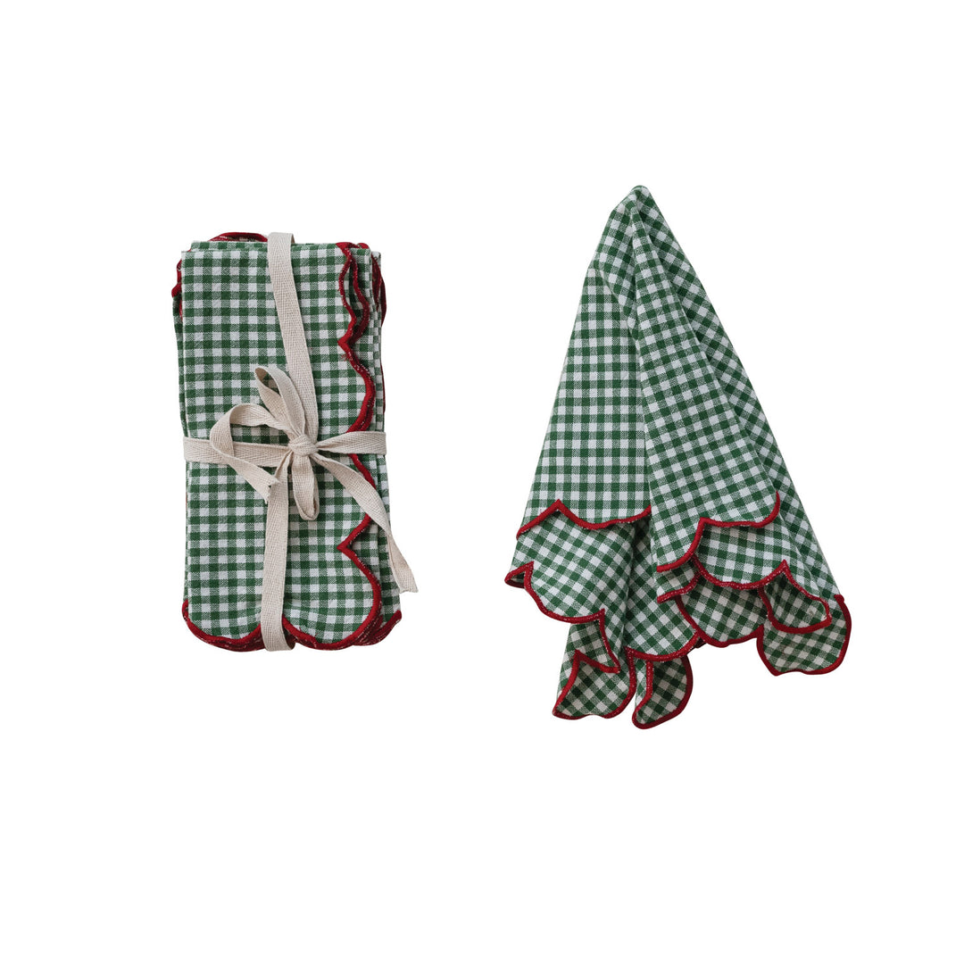 Cotton Scalloped Napkins &amp; Contrasting Stitched Edge, Set of 4 Tied with Cotton Tape