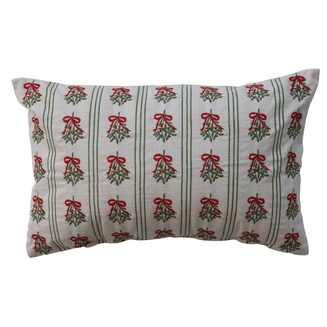 Cotton Lumbar Pillow with Mistletoe Pattern, Stripes &amp; Embroidery