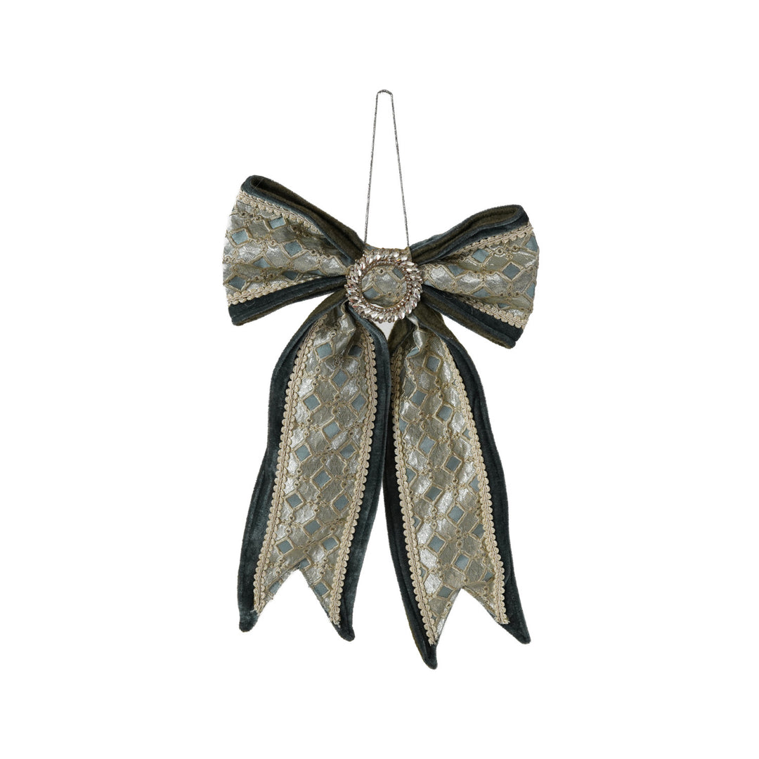 Oversized Velvet &amp; Jacquard Fabric Bow Ornament with Jewels, Blue &amp; Cream Color