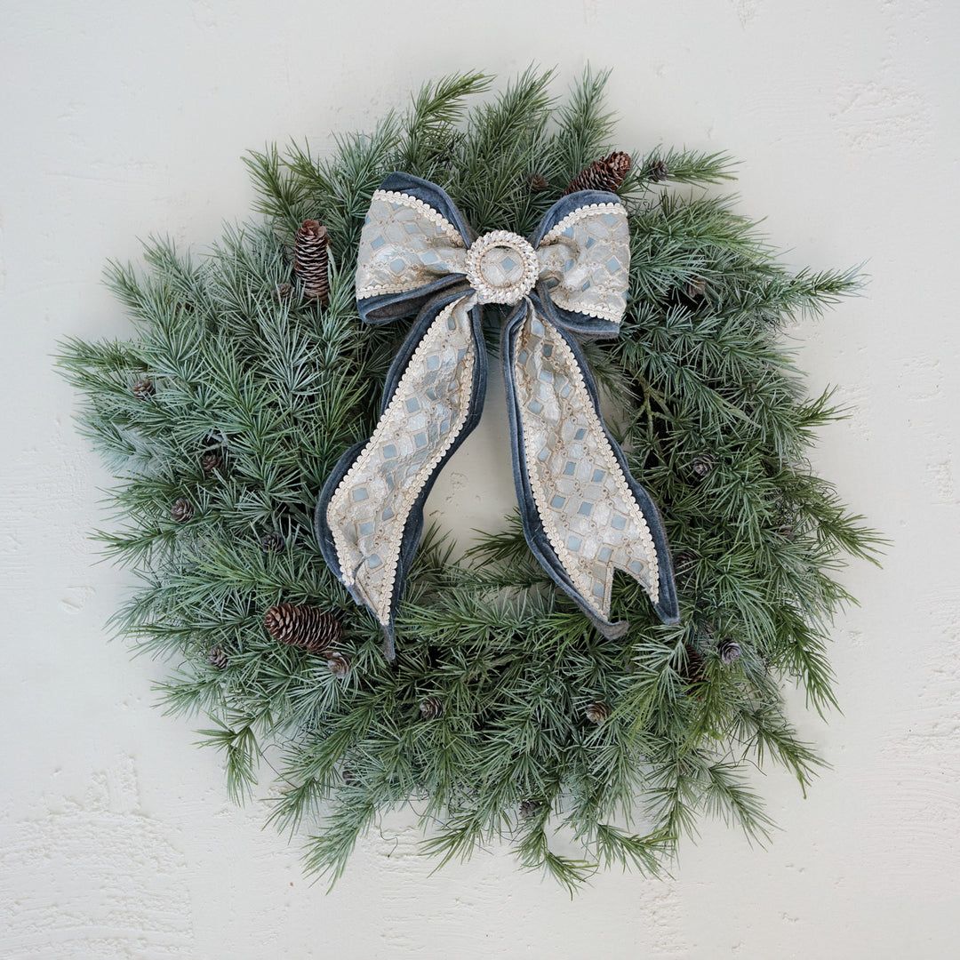 Oversized Velvet &amp; Jacquard Fabric Bow Ornament with Jewels, Blue &amp; Cream Color