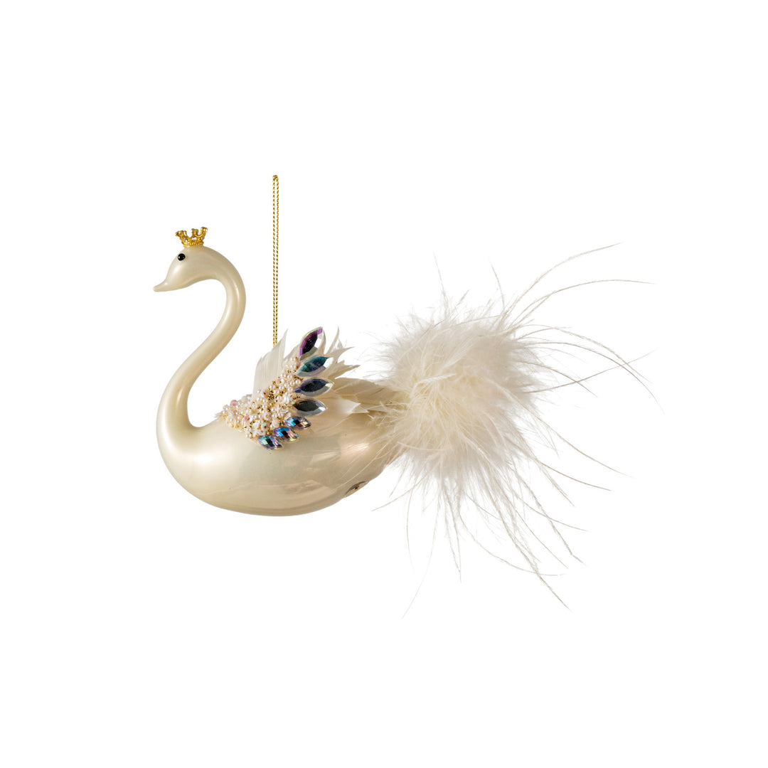 Hand-Painted Glass Swan Ornament with Faux Feathers, Iridescent Jewels, Beads &amp; Crown, White