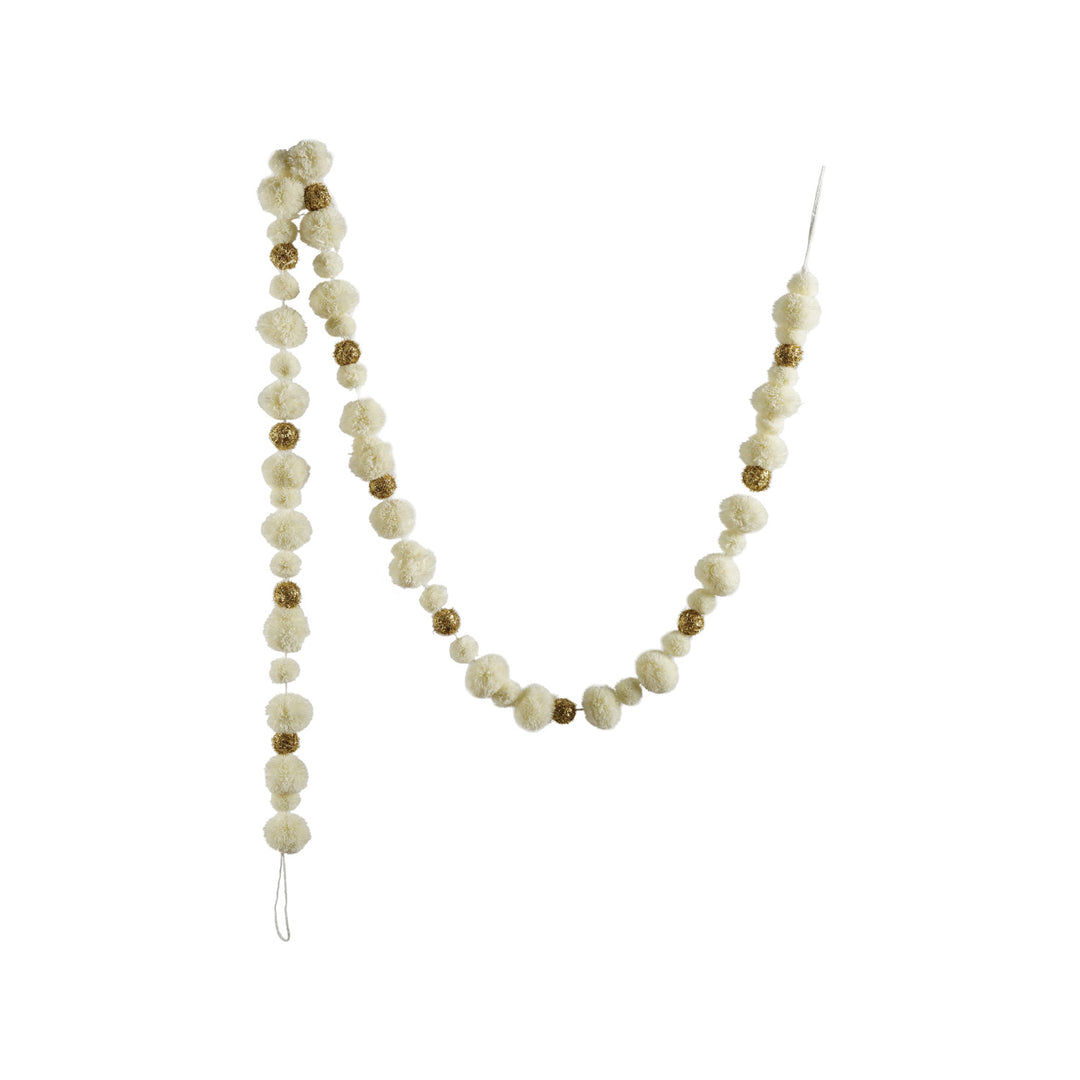 Fabric Pom Pom Garland, White &amp; Gold Color