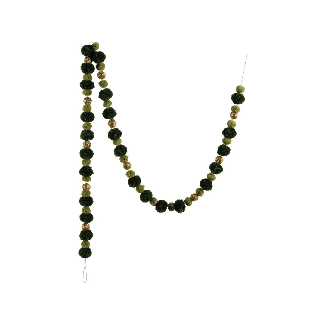 Fabric Pom Pom Garland, Green &amp; Gold Color