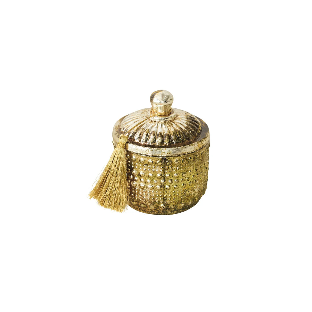 9.5 oz. Embossed Glass Frosted Woods Scented Jar Candle with Lid &amp; Gold Color Tassel
