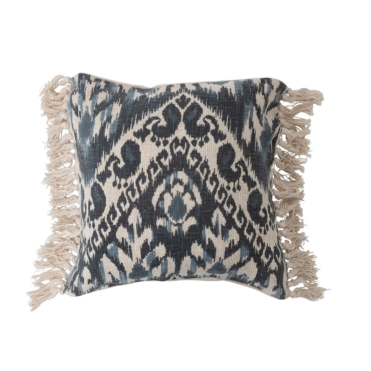 Stonewashed Woven Cotton Blend Pillow w/ Ikat Pattern & Fringe