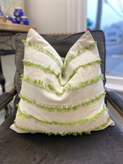 Cream and Green Frayed Pillow